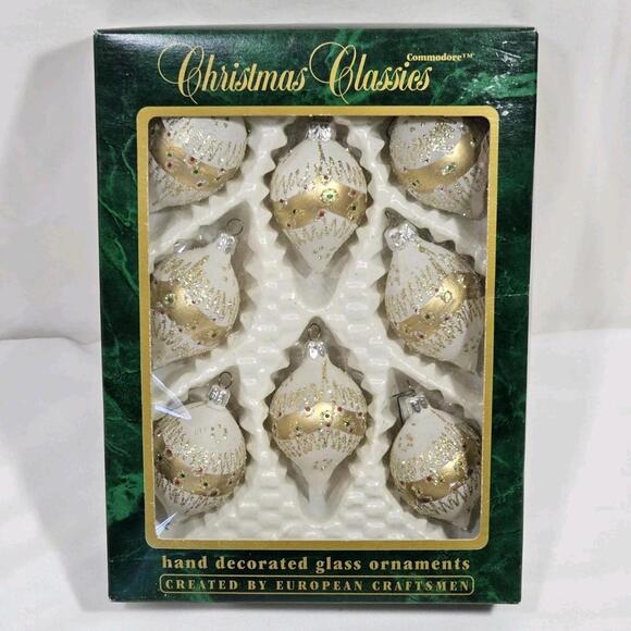 Other - 8 Vintage Commodore Hand Decorated In Romania Glass Christmas Ornaments